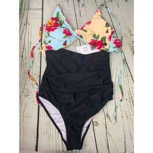 Womens Black Floral Print Halter Cutout High Waist One Piece Swimsuit Small